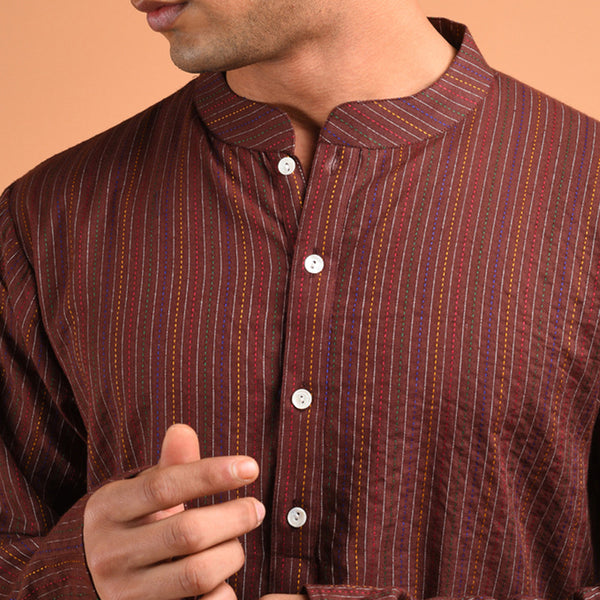 Cotton Kantha Weave Kurta | Brown