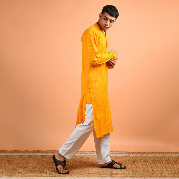 Cotton Kantha Weave Kurta | Yellow