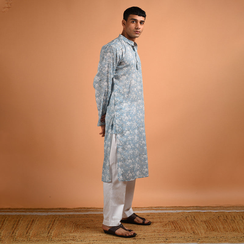 Cotton Block Print Kurta | Grey