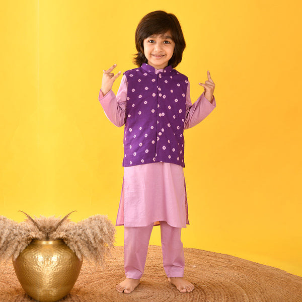 Cotton Kids Kurta Pajama Nehru Jacket Set | Lavender