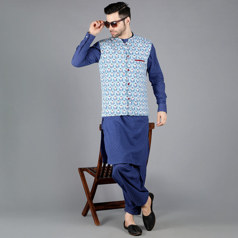 Cotton Kurta Jacket Set for Men | Blue