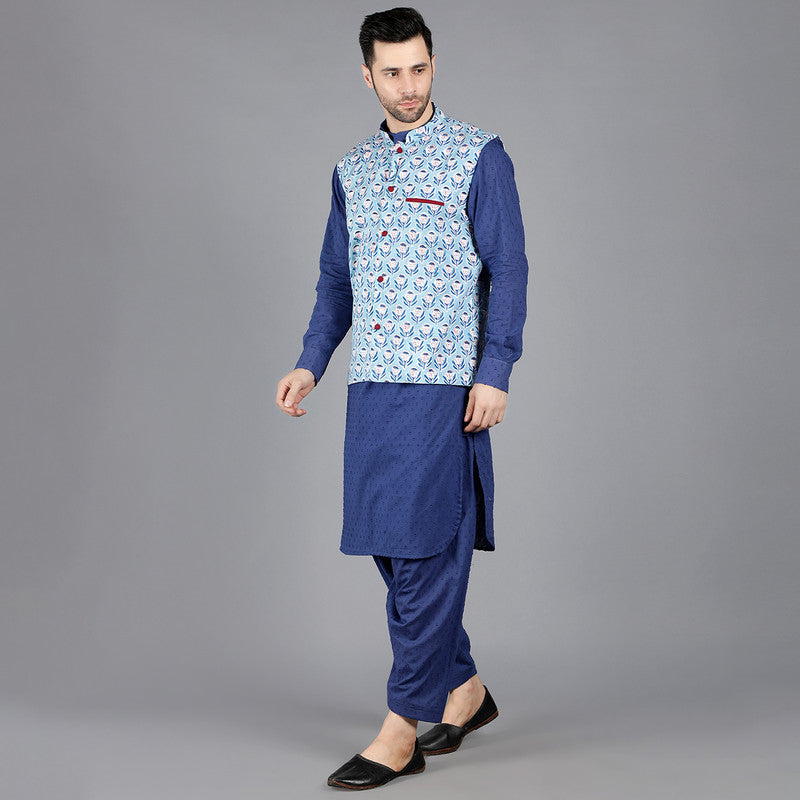 Cotton Kurta Jacket Set for Men | Blue