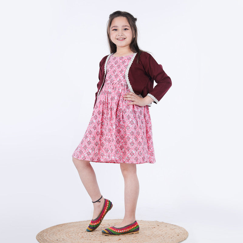 Cotton Dress with Shrug for Girls | PInk
