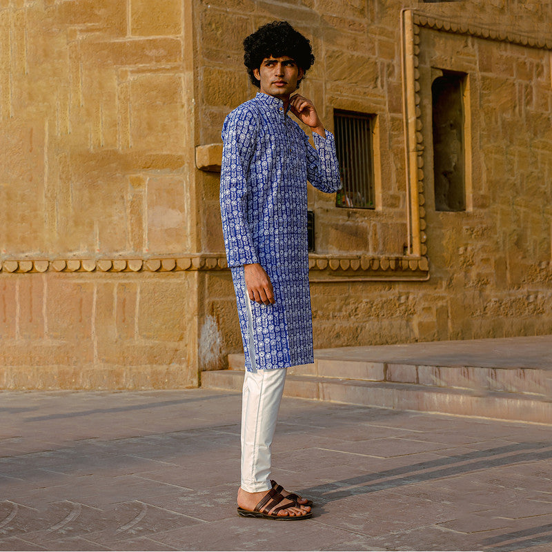 Cotton Kurta for Men | Floral Handblock Print | Blue