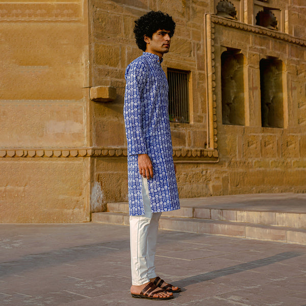 Cotton Kurta for Men | Floral Handblock Print | Blue