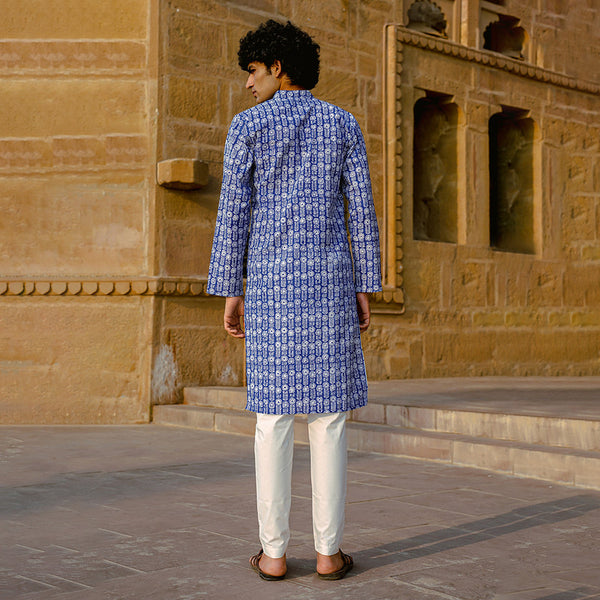 Cotton Kurta for Men | Floral Handblock Print | Blue