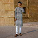 Cotton Kurta for Men | Floral Handblock Print | Black