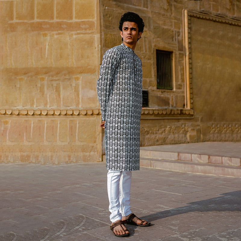 Cotton Kurta for Men | Floral Handblock Print | Black