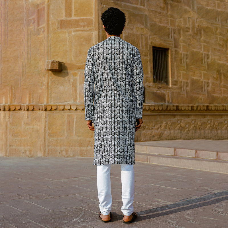 Cotton Kurta for Men | Floral Handblock Print | Black