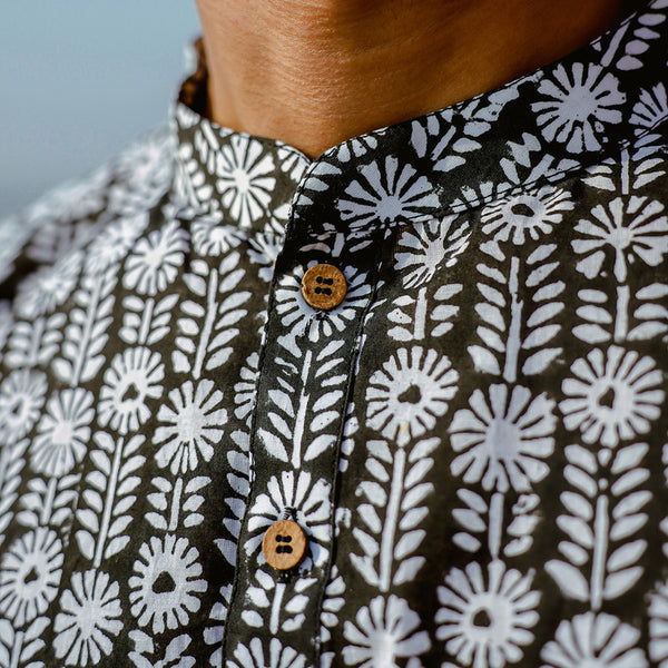 Cotton Kurta for Men | Floral Handblock Print | Black