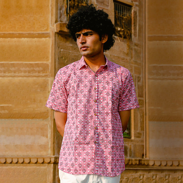 Cotton Shirt for Men | Handblock Print | Pink