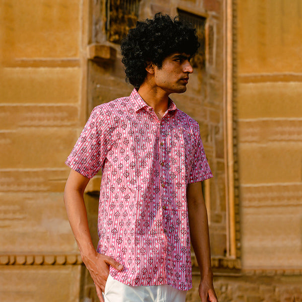 Cotton Shirt for Men | Handblock Print | Pink