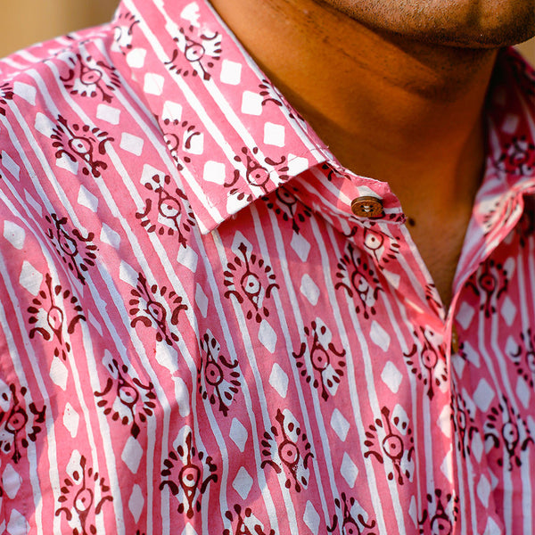 Cotton Shirt for Men | Handblock Print | Pink