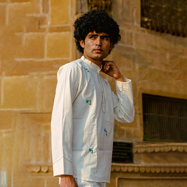 Cotton Short Kurta for Men | Embroidered | Mandarin Collar | White