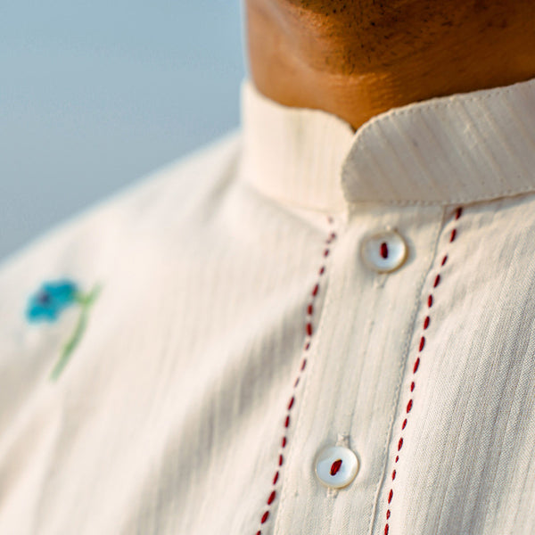 Cotton Short Kurta for Men | Embroidered | Mandarin Collar | White