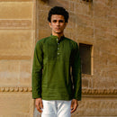 Cotton Kurta Shirt for Men | Pintuck | Mandarin Collar | Forest Green