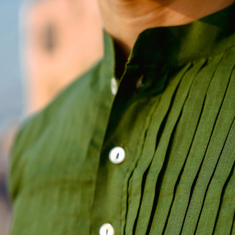 Cotton Kurta Shirt for Men | Pintuck | Mandarin Collar | Forest Green