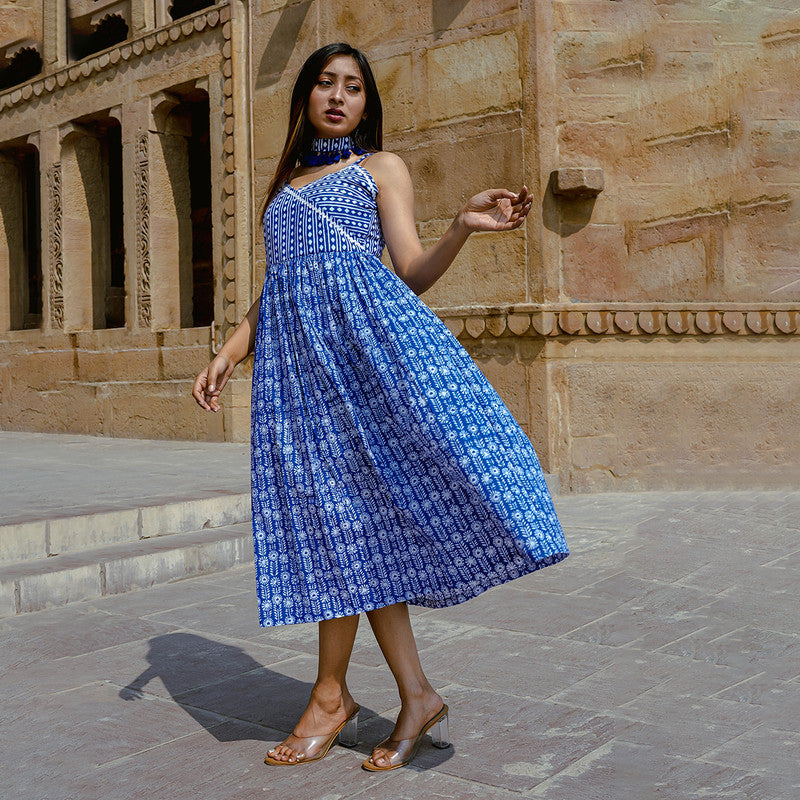 Cotton Dress for Women | Angrakha | Handblock Print | Blue