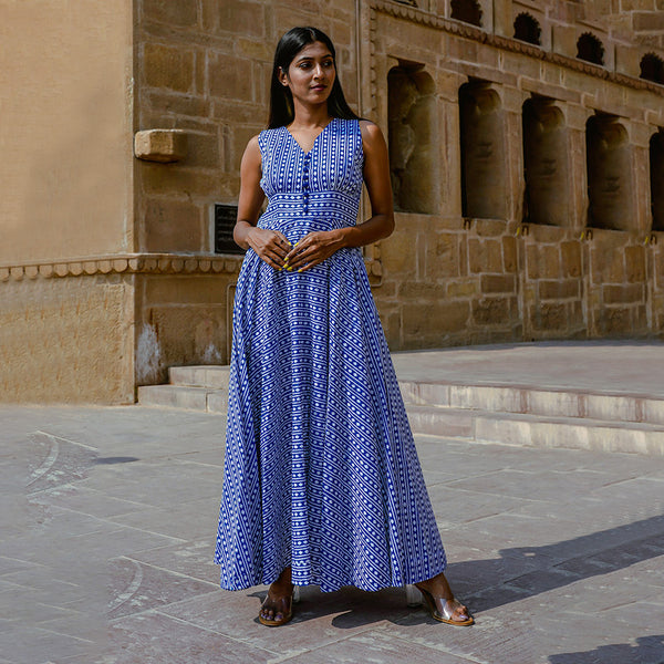 Maxi Dress for Women | Cotton Flared Dress | Blue