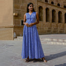 Cotton Flared Dress with Short Jacket | Handblock Print | Blue