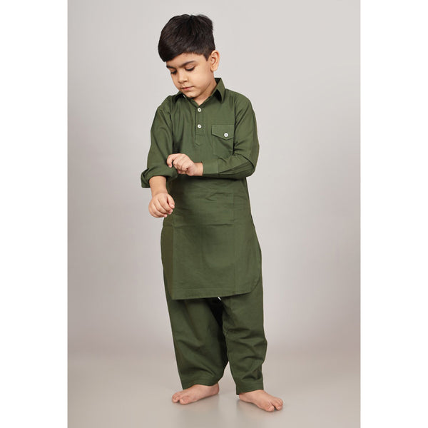 Cotton Kurta Set for Boys | Pathani Style | Green