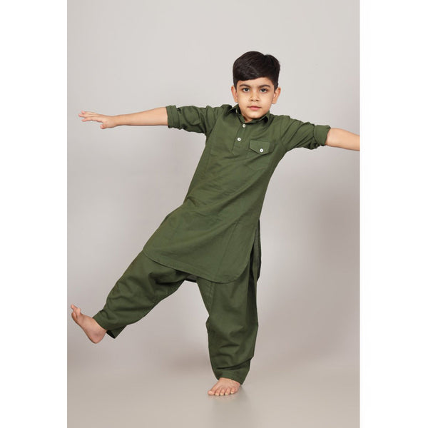 Cotton Kurta Set for Boys | Pathani Style | Green