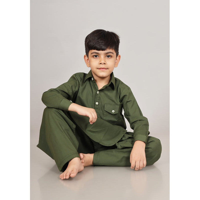 Cotton Kurta Set for Boys | Pathani Style | Green