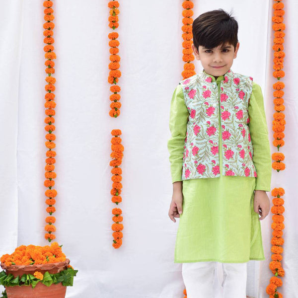 Cotton Kids Kurta Pajama Jacket Set | Green