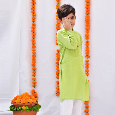 Cotton Kids Kurta Pajama Jacket Set | Green