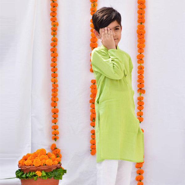 Cotton Kids Kurta Pajama Jacket Set | Green