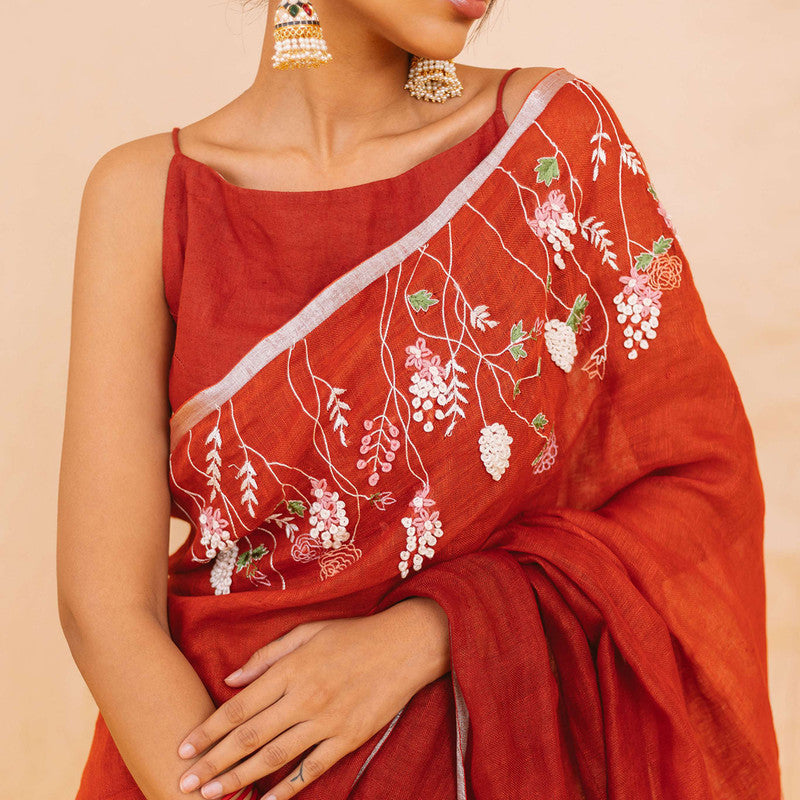 Linen Saree | Festive Wear For Women | Embroidered | Red