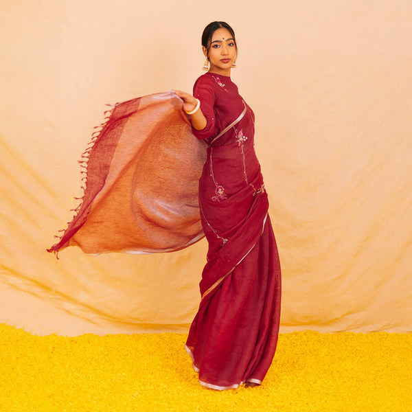 Linen Saree | Festive Wear For Women | Embroidered | Wine