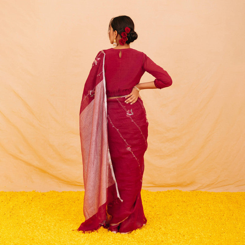 Linen Saree | Festive Wear For Women | Embroidered | Wine