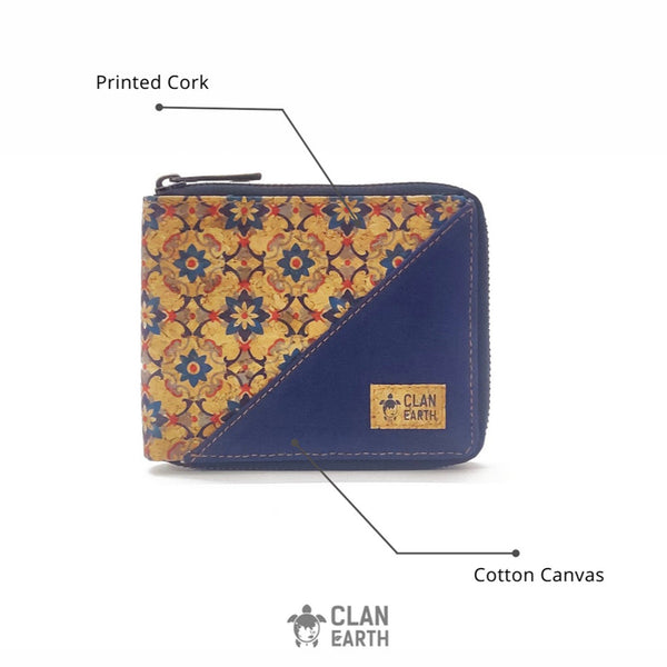 Cork Printed Zip Wallet | Brown & Blue