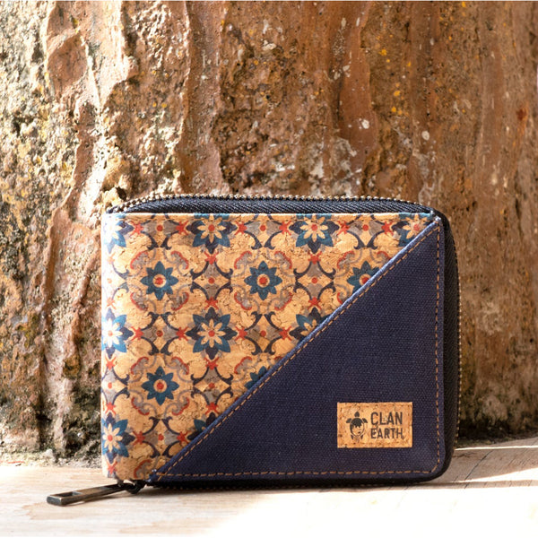 Cork Printed Zip Wallet | Brown & Blue