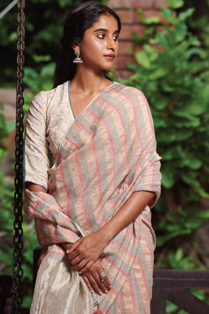 Pure Linen Saree | Pink & Green Zari Stripes