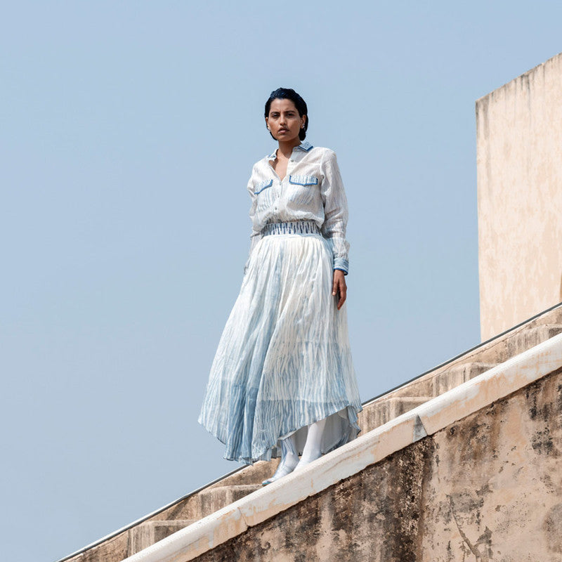 Handwoven Chanderi Silk White & Blue Shirt