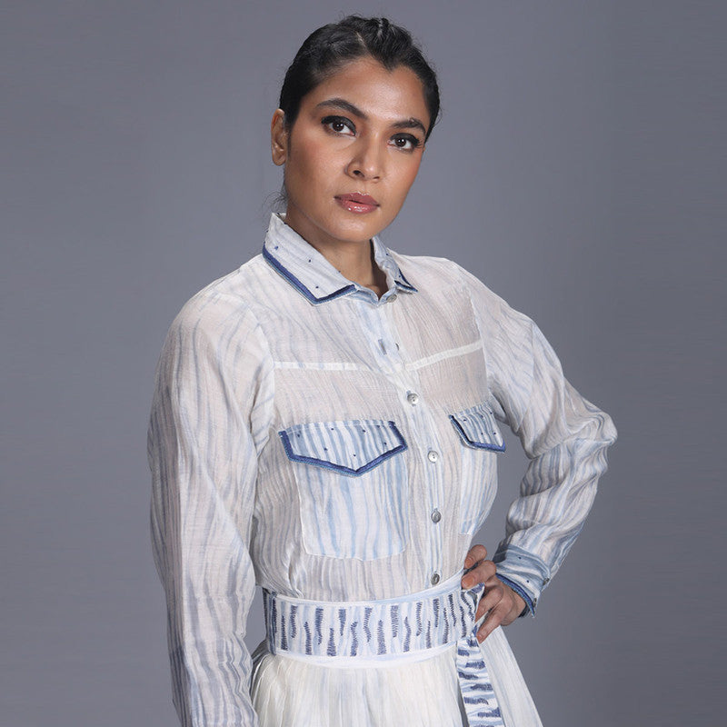 Handwoven Chanderi Silk White & Blue Shirt