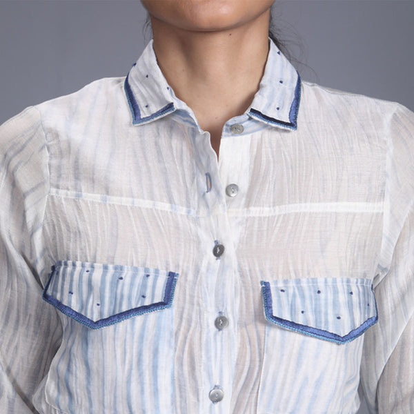 Handwoven Chanderi Silk White & Blue Shirt