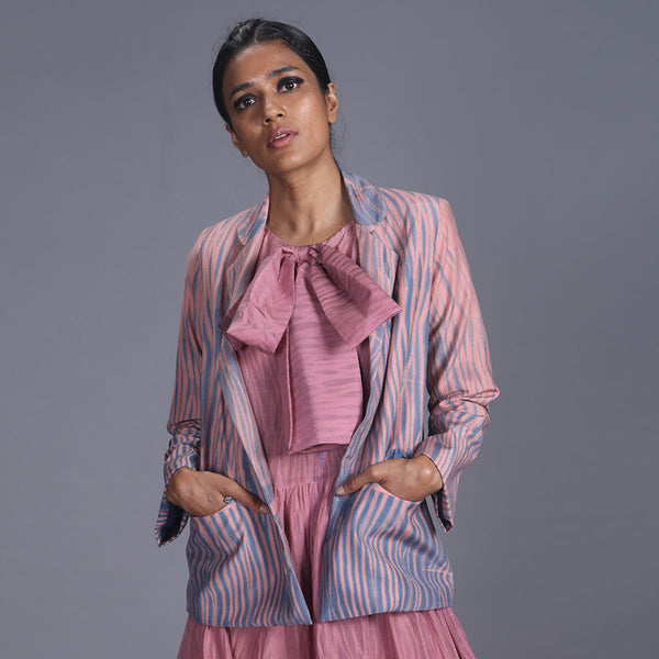 Handwoven Cotton Silk Pink & Blue Notch Collar Jacket