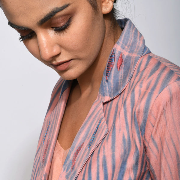 Handwoven Cotton Silk Pink & Blue Notch Collar Jacket