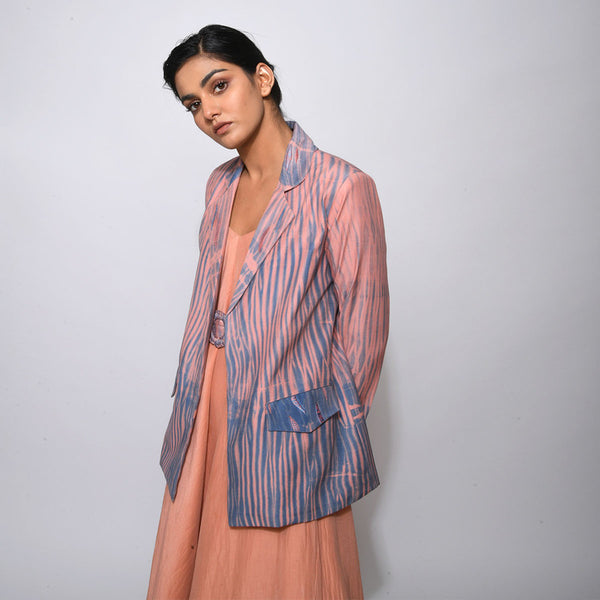 Handwoven Cotton Silk Pink & Blue Notch Collar Jacket