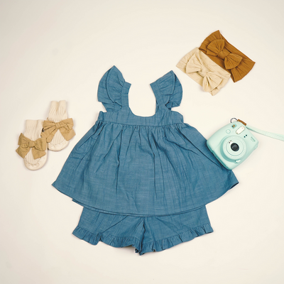 Cotton Linen Top and Shorts Set for Baby Girl | Blue