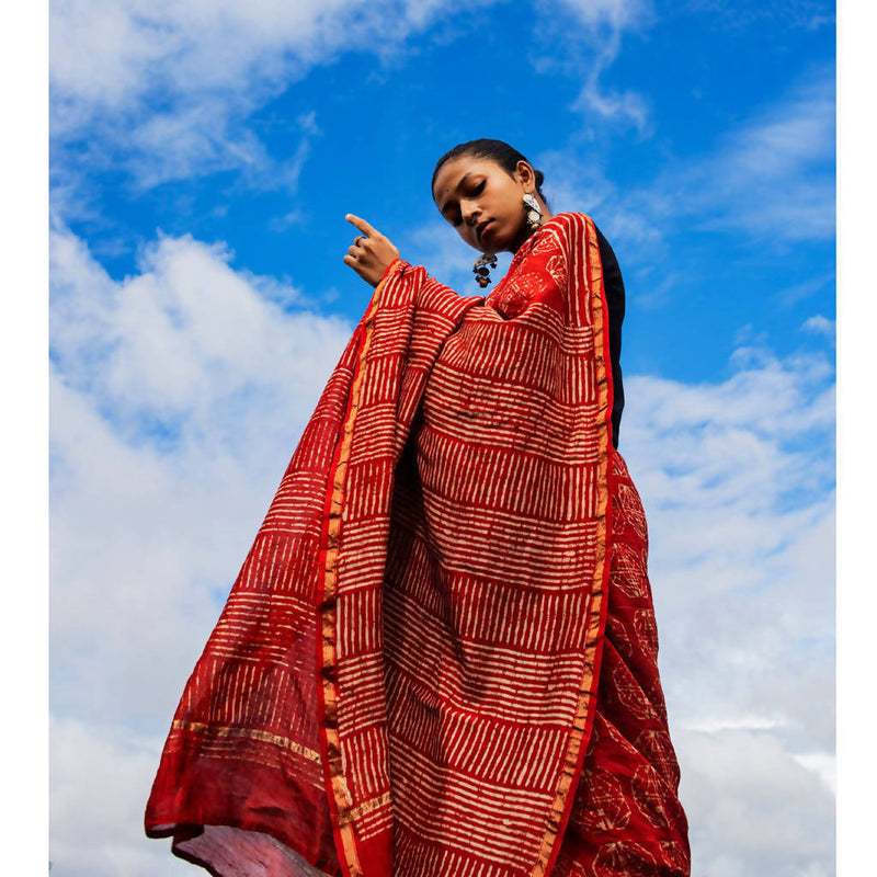 Festive Wear | Natural Dyed Rust Dabu Printed Chanderi Saree