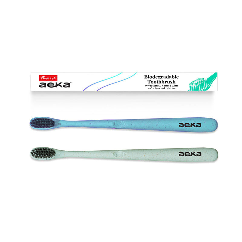 Toothbrush | Biodegradable | Wheat straw Handle | Soft Charcoal Infused Bristles | Pack of 2 (Green & Blue)