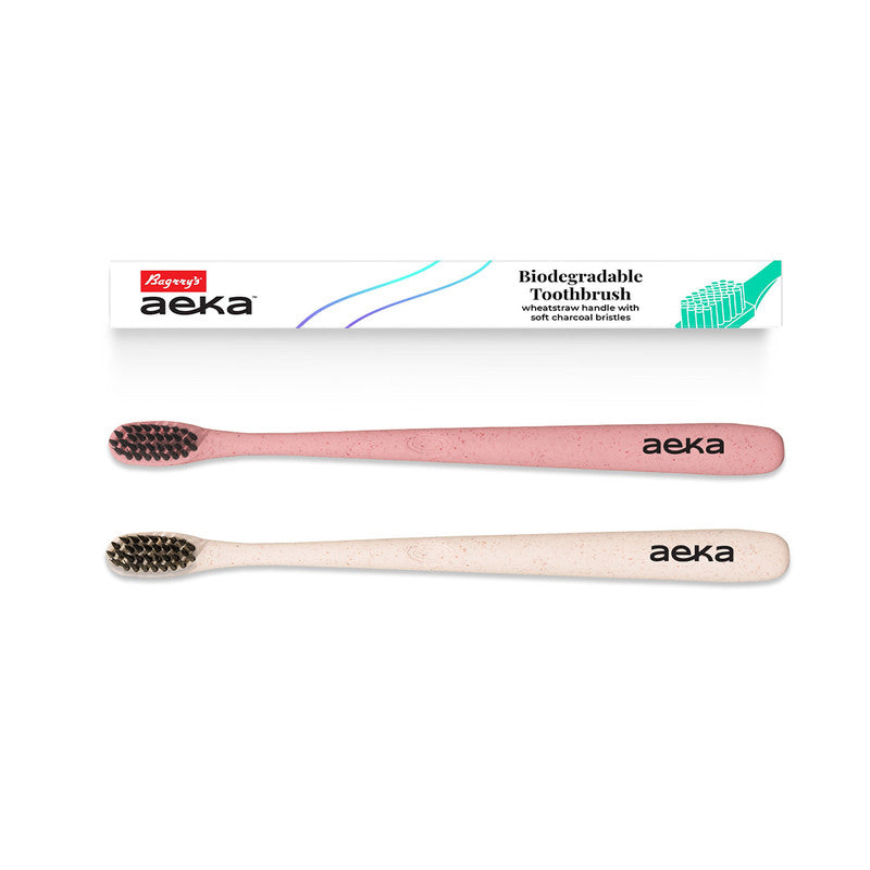 Toothbrush | Biodegradable | Wheat straw Handle | Soft Charcoal Infused Bristles  | Pack of 2 (Pink & White)