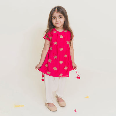 Muslin Kurta with Dhoti for Girls | Fuschia Pink