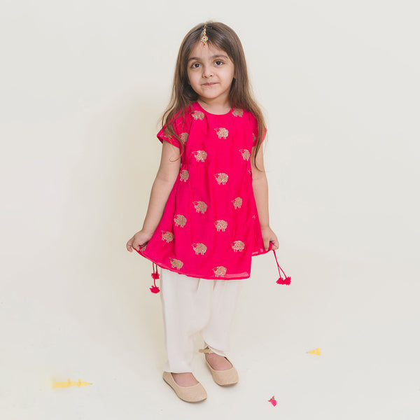 Muslin Kurta with Dhoti for Girls | Fuschia Pink