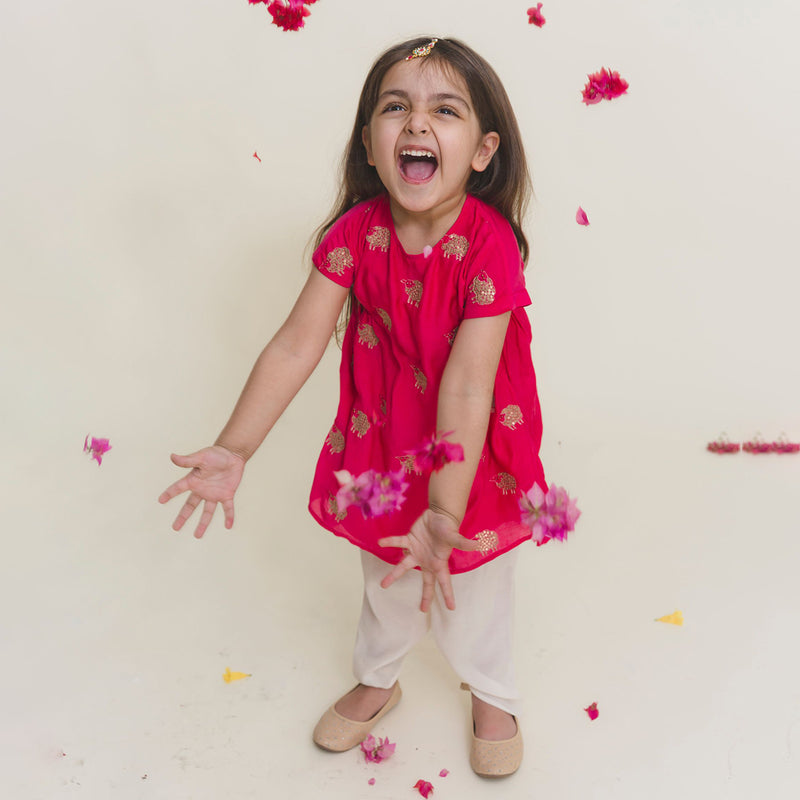 Muslin Kurta with Dhoti for Girls | Fuschia Pink