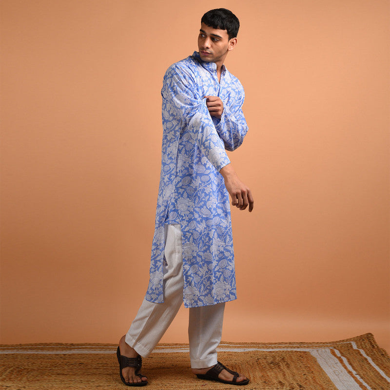 Pure Cotton Kurta For Men | Hand Block Printed | Blue